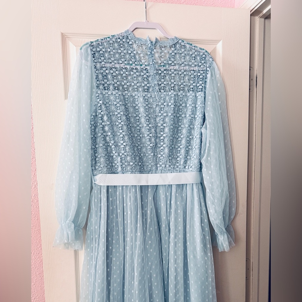 Chic Light Blue Lace Long Sleeve Dress - Picture 6 of 7